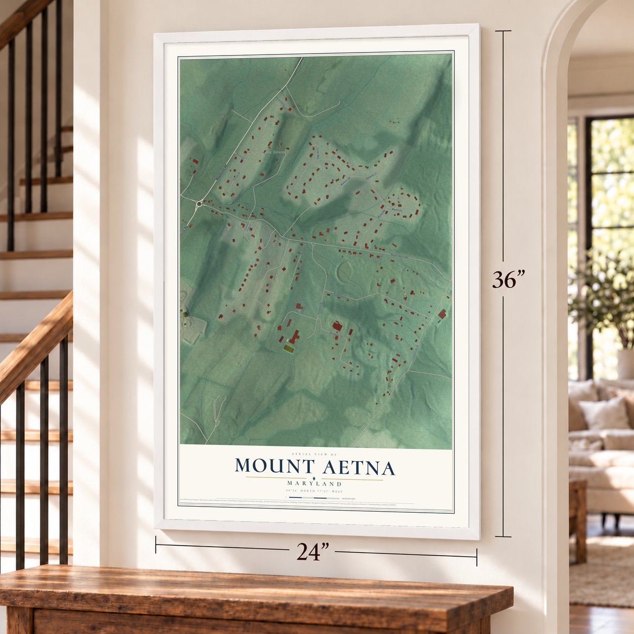 Mount Aetna, Maryland map, 24 x 36 inch print in a white frame by a staircase