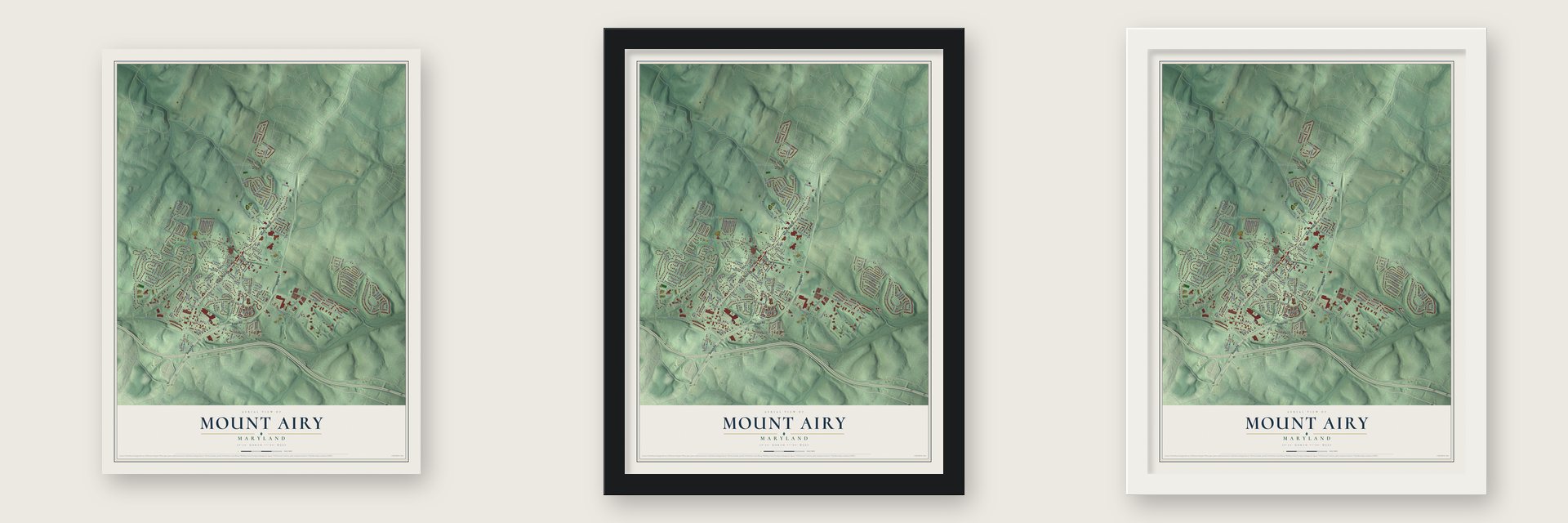 Mount Airy, Maryland map unframed, in a black wood frame and in a white wood frame