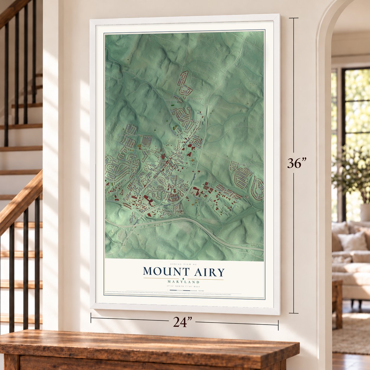 Mount Airy, Maryland map, 24 x 36 inch print in a white frame by a staircase