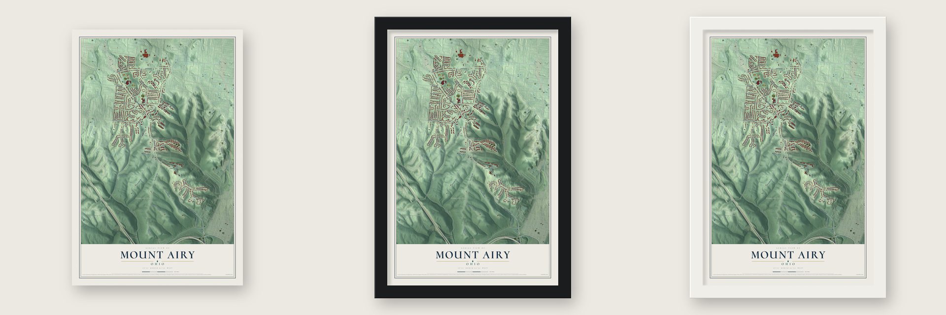 Mount Airy, Ohio map unframed, in a black wood frame and in a white wood frame