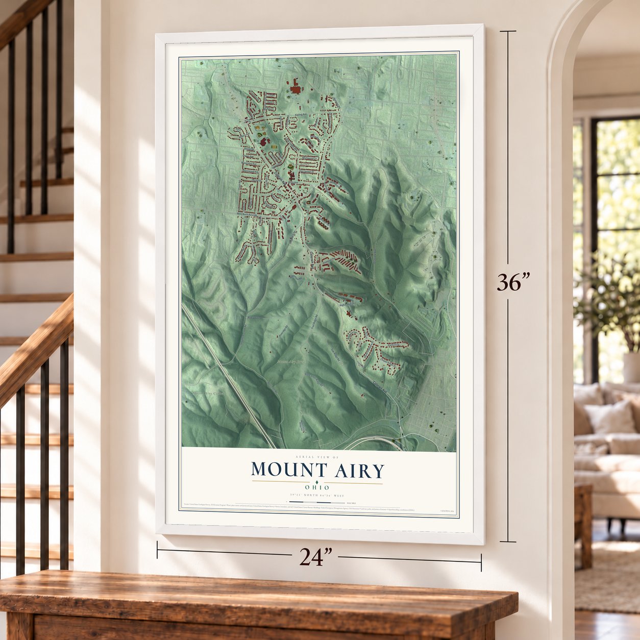 Mount Airy, Ohio map, 24 x 36 inch print in a white frame by a staircase