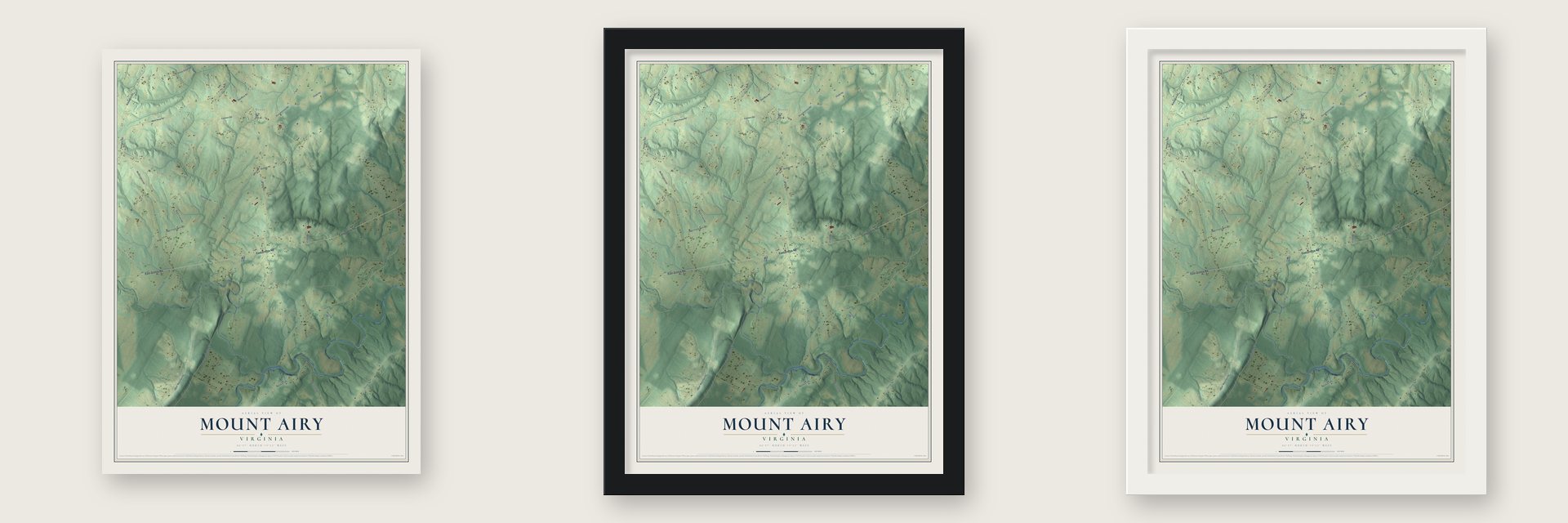 Mount Airy, Virginia map unframed, in a black wood frame and in a white wood frame