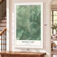 Mount Airy, Virginia map, 24 x 36 inch print in a white frame by a staircase