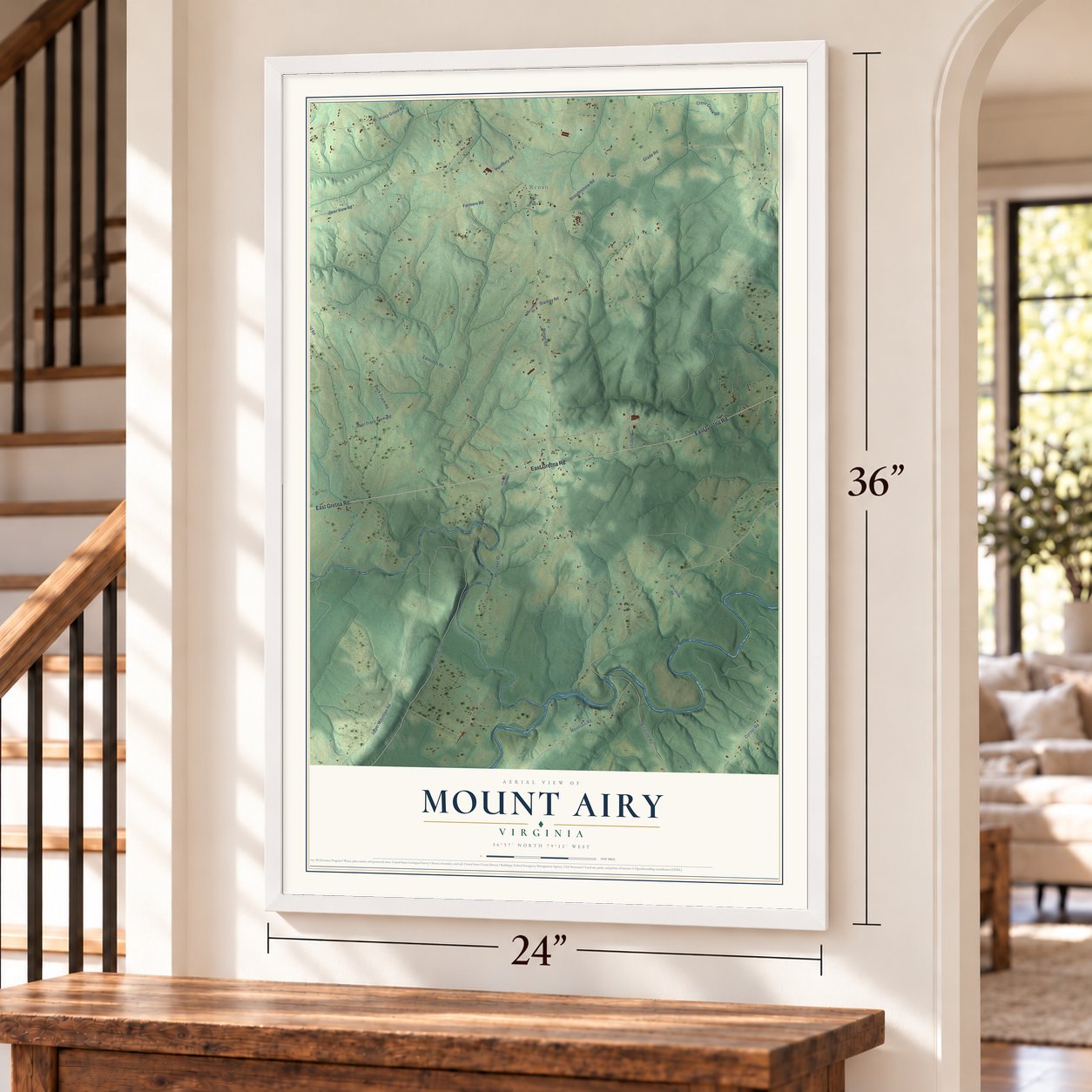 Mount Airy, Virginia map, 24 x 36 inch print in a white frame by a staircase