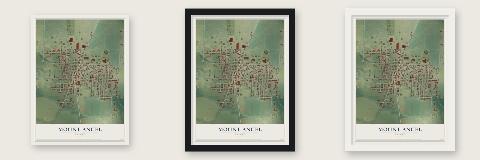 Mount Angel, Oregon map unframed, in a black wood frame and in a white wood frame