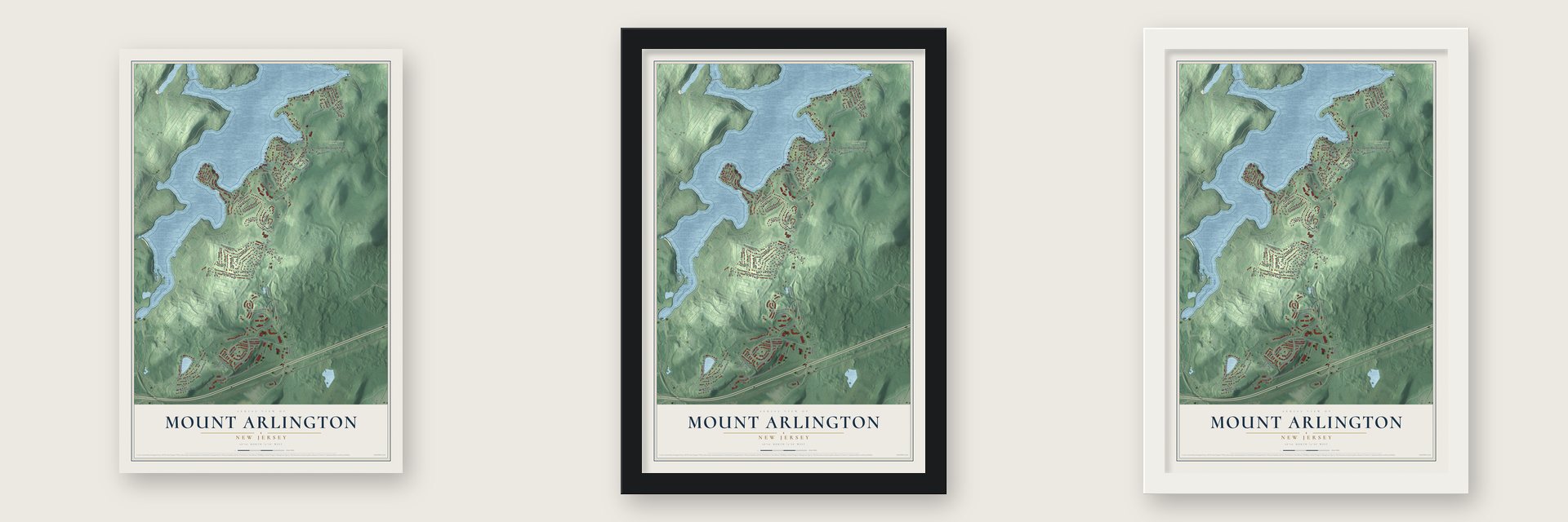 Mount Arlington, New Jersey map unframed, in a black wood frame and in a white wood frame