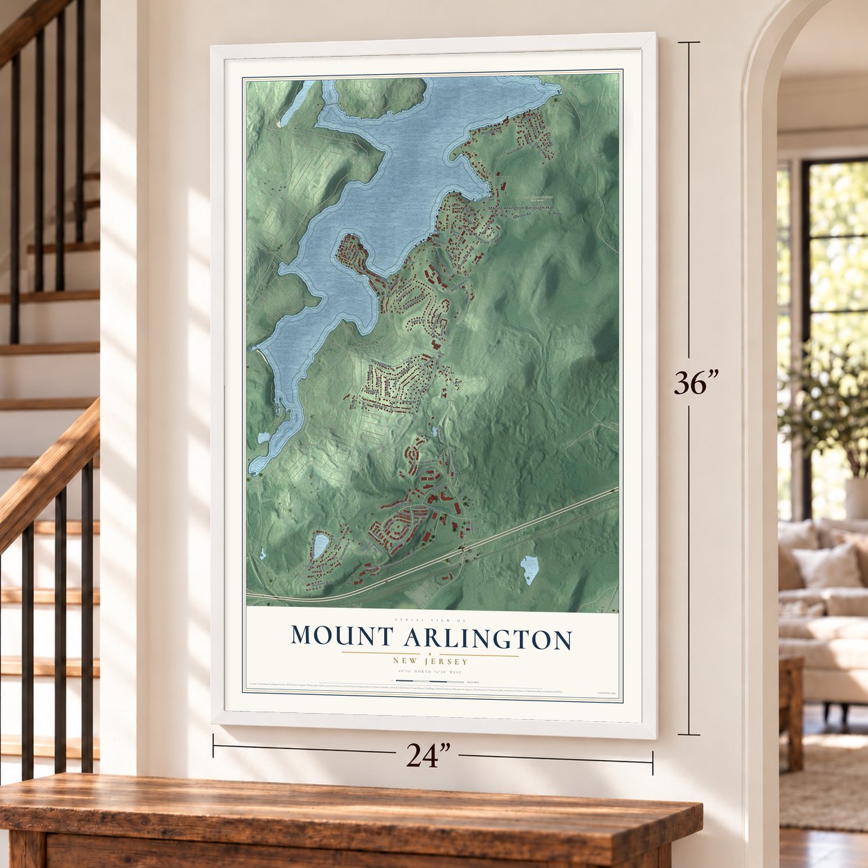 Mount Arlington, New Jersey map, 24 x 36 inch print in a white frame by a staircase