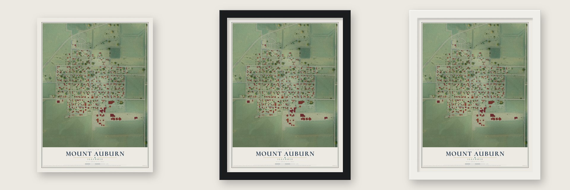 Mount Auburn, Illinois map unframed, in a black wood frame and in a white wood frame