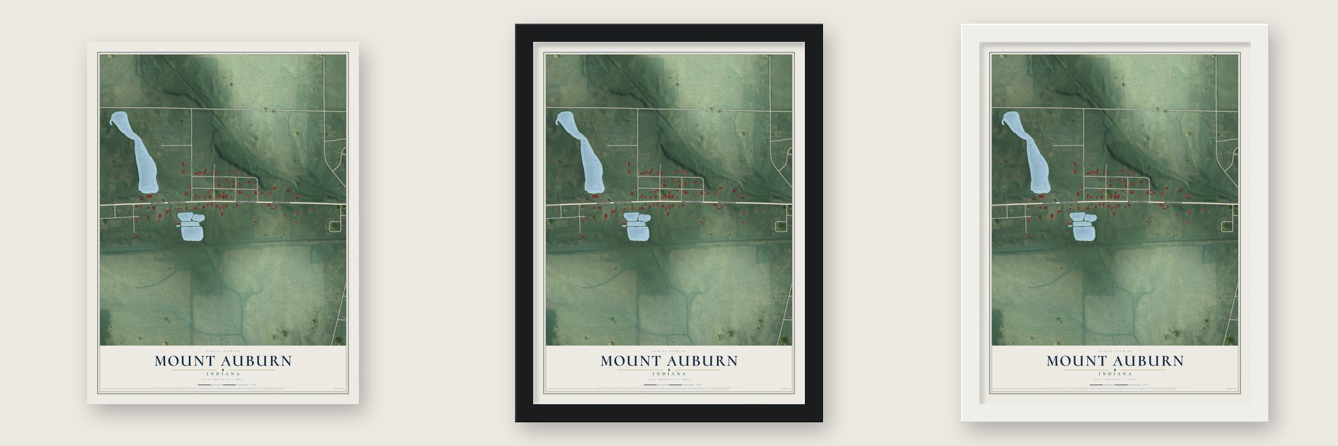 Mount Auburn, Indiana map unframed, in a black wood frame and in a white wood frame