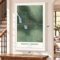 Mount Auburn, Indiana map, 24 x 36 inch print in a white frame by a staircase