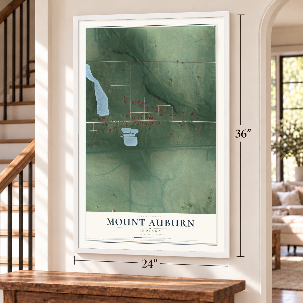 Mount Auburn, Indiana map, 24 x 36 inch print in a white frame by a staircase