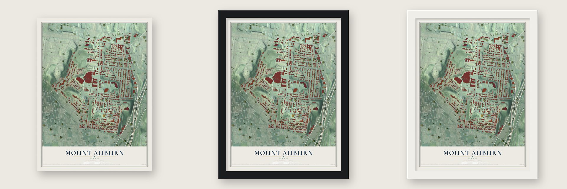 Mount Auburn, Ohio map unframed, in a black wood frame and in a white wood frame