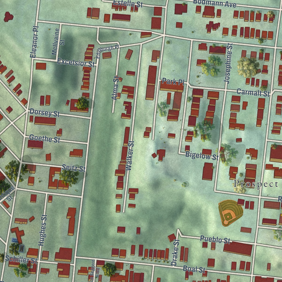 Second close-up of the map of Mount Auburn, Ohio print showing more streets and buildings