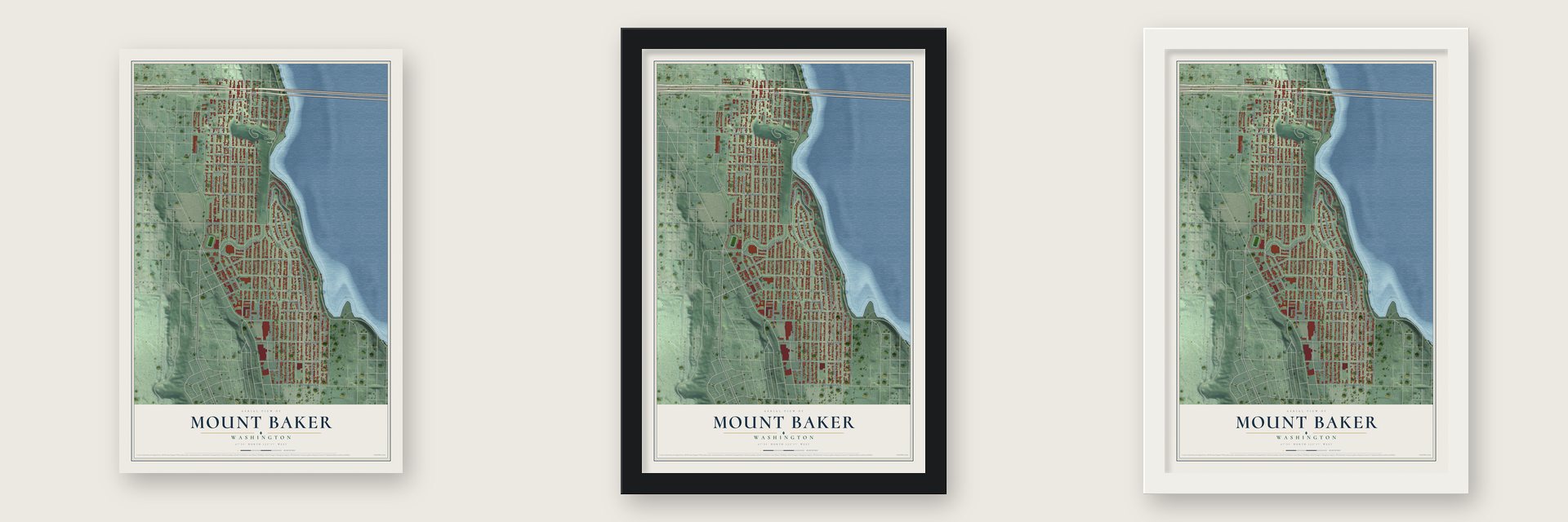 Mount Baker, Washington map unframed, in a black wood frame and in a white wood frame