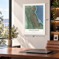 Mount Baker, Washington map, 18 x 24 inch print in a white frame in a home office