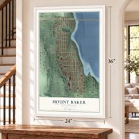 Mount Baker, Washington map, 24 x 36 inch print in a white frame by a staircase