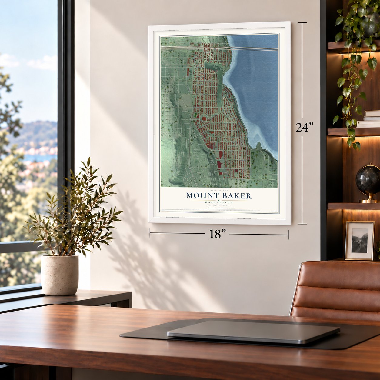 Mount Baker, Washington map, 18 x 24 inch print in a white frame in a home office