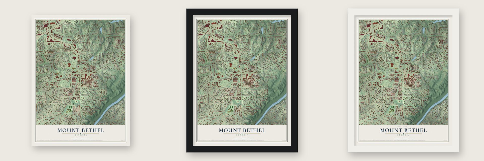 Mount Bethel, Georgia map unframed, in a black wood frame and in a white wood frame