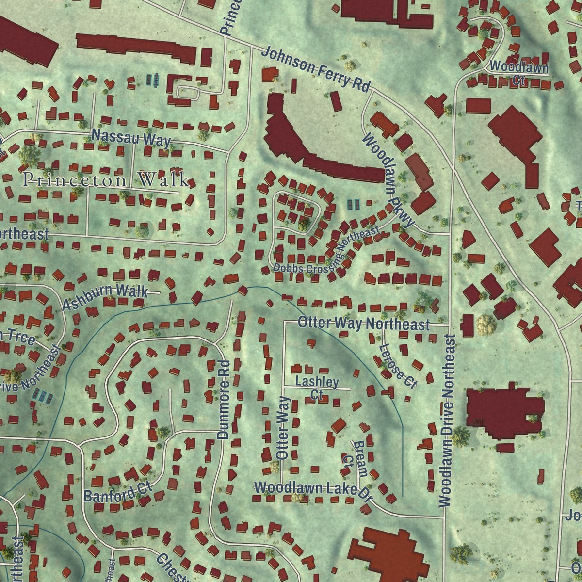 Second close-up of the map of Mount Bethel, Georgia print showing more streets and buildings