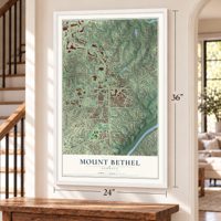 Mount Bethel, Georgia map, 24 x 36 inch print in a white frame by a staircase