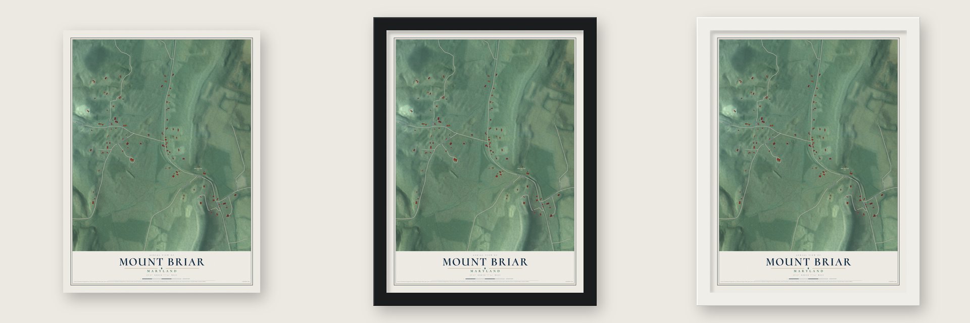 Mount Briar, Maryland map unframed, in a black wood frame and in a white wood frame