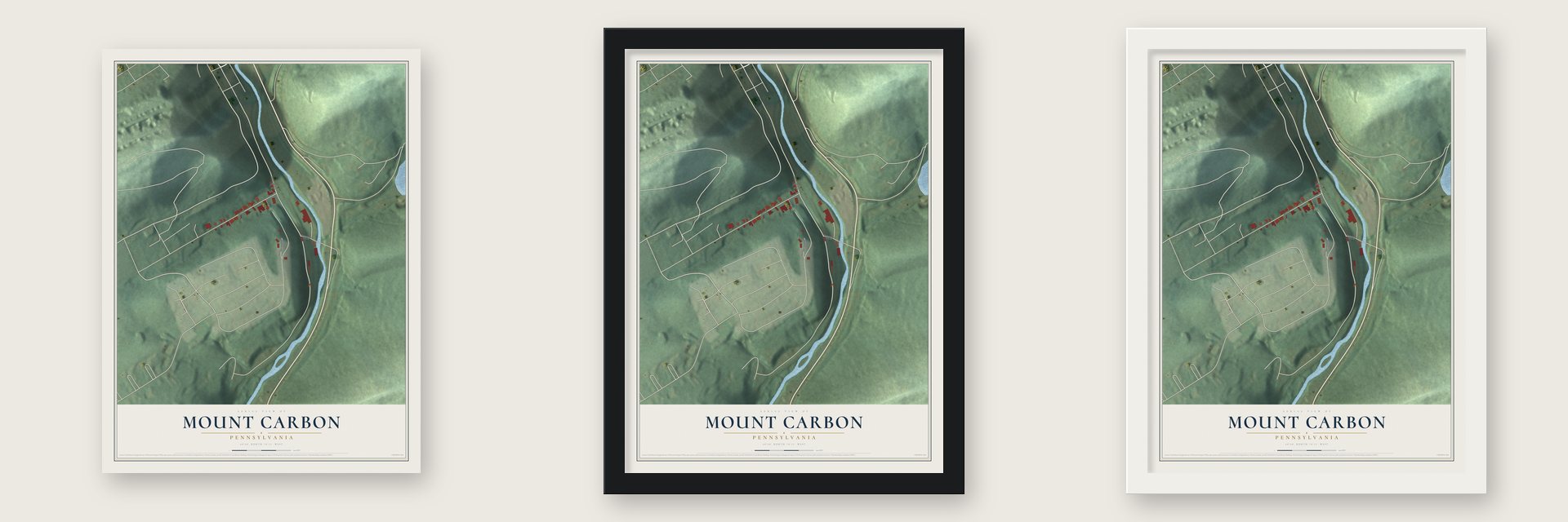 Mount Carbon, Pennsylvania map unframed, in a black wood frame and in a white wood frame