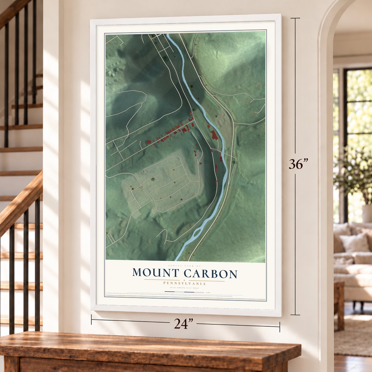 Mount Carbon, Pennsylvania map, 24 x 36 inch print in a white frame by a staircase
