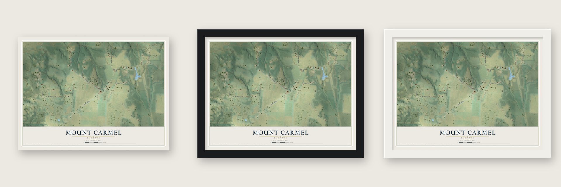 Mount Carmel, Florida map unframed, in a black wood frame and in a white wood frame