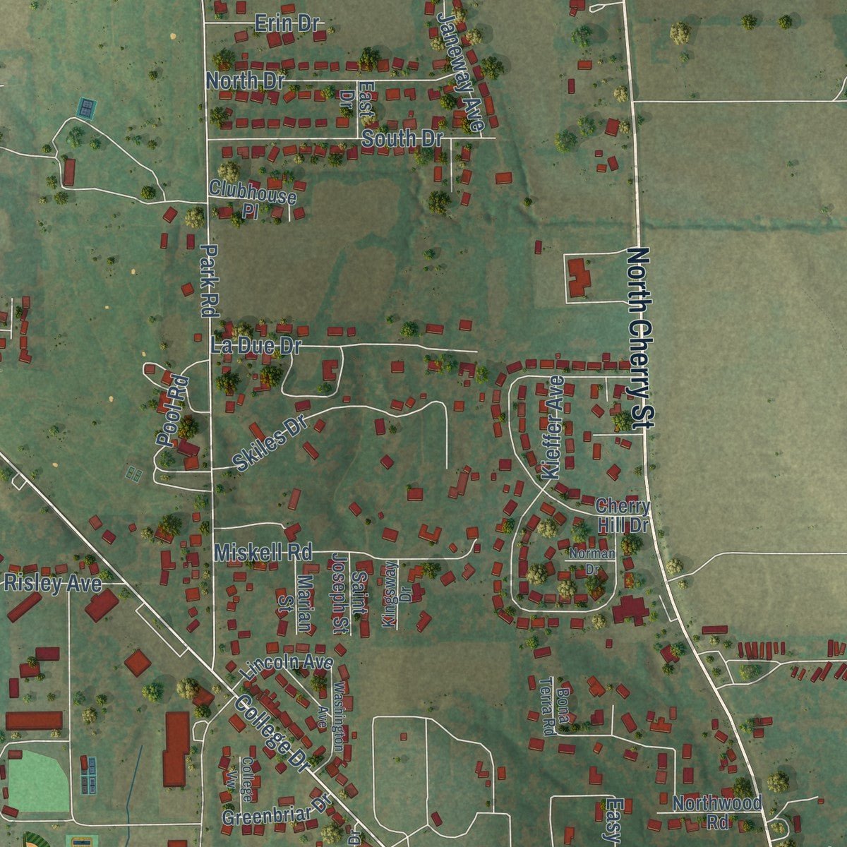 Second close-up of the map of Mount Carmel, Illinois print showing more streets and buildings