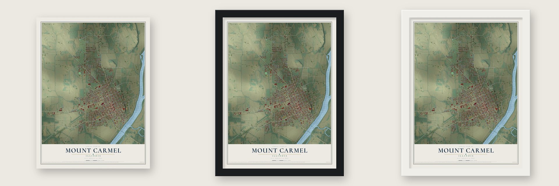 Mount Carmel, Illinois map unframed, in a black wood frame and in a white wood frame
