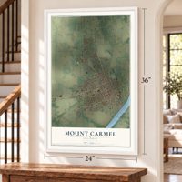 Mount Carmel, Illinois map, 24 x 36 inch print in a white frame by a staircase