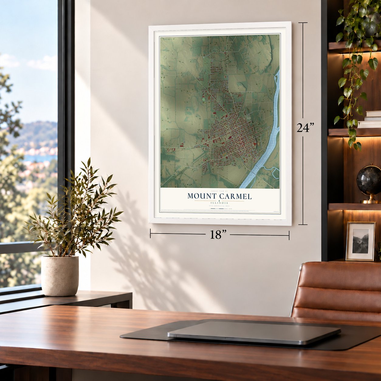 Mount Carmel, Illinois map, 18 x 24 inch print in a white frame in a home office