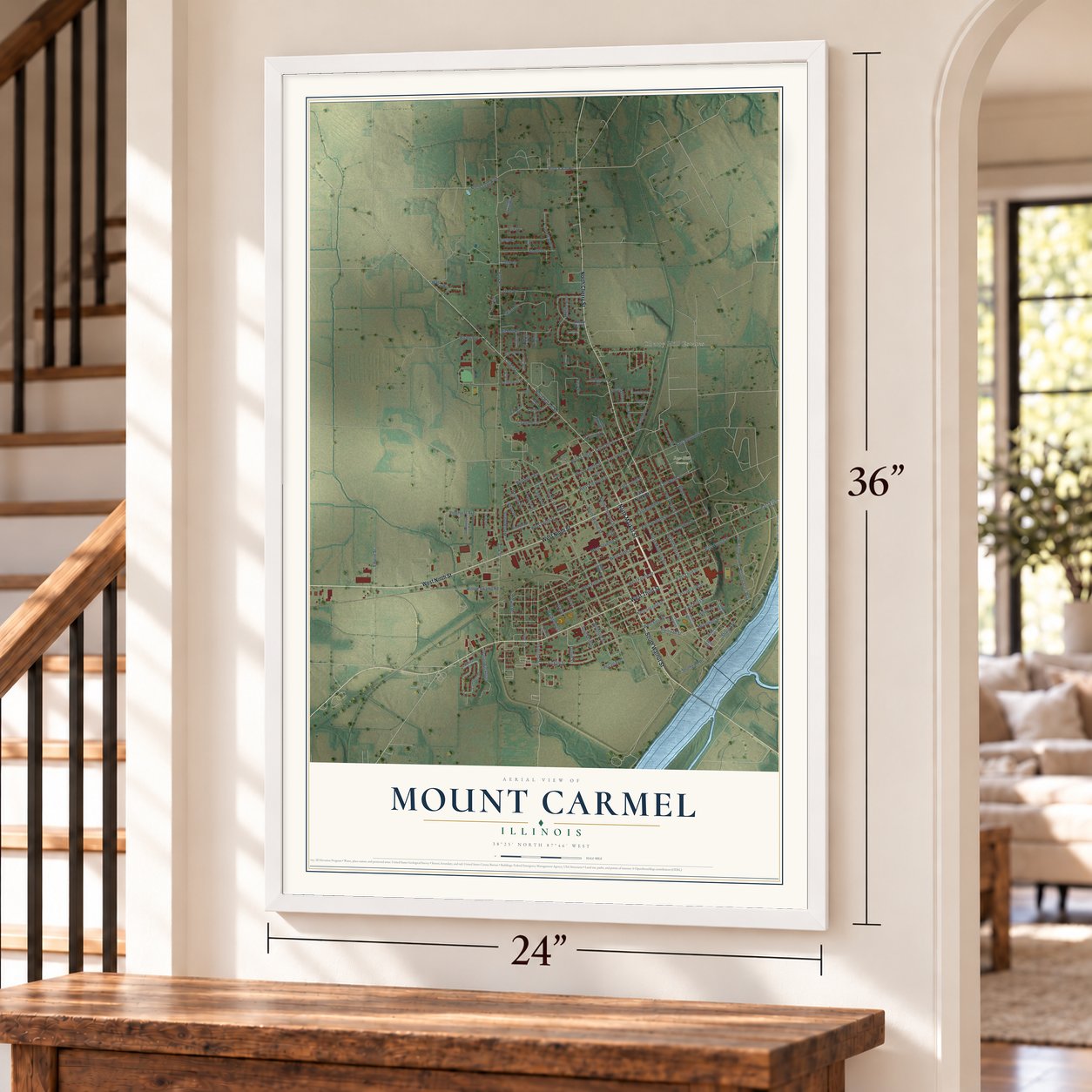 Mount Carmel, Illinois map, 24 x 36 inch print in a white frame by a staircase