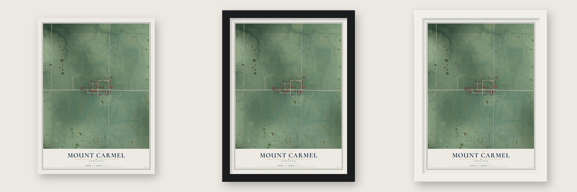 Mount Carmel, Indiana map unframed, in a black wood frame and in a white wood frame