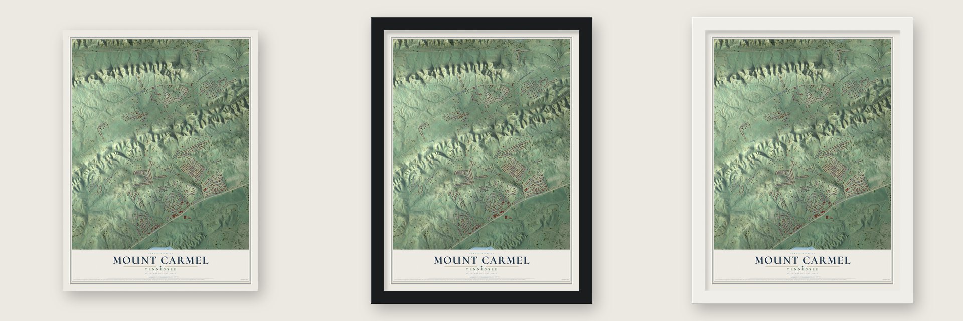 Mount Carmel, Tennessee map unframed, in a black wood frame and in a white wood frame