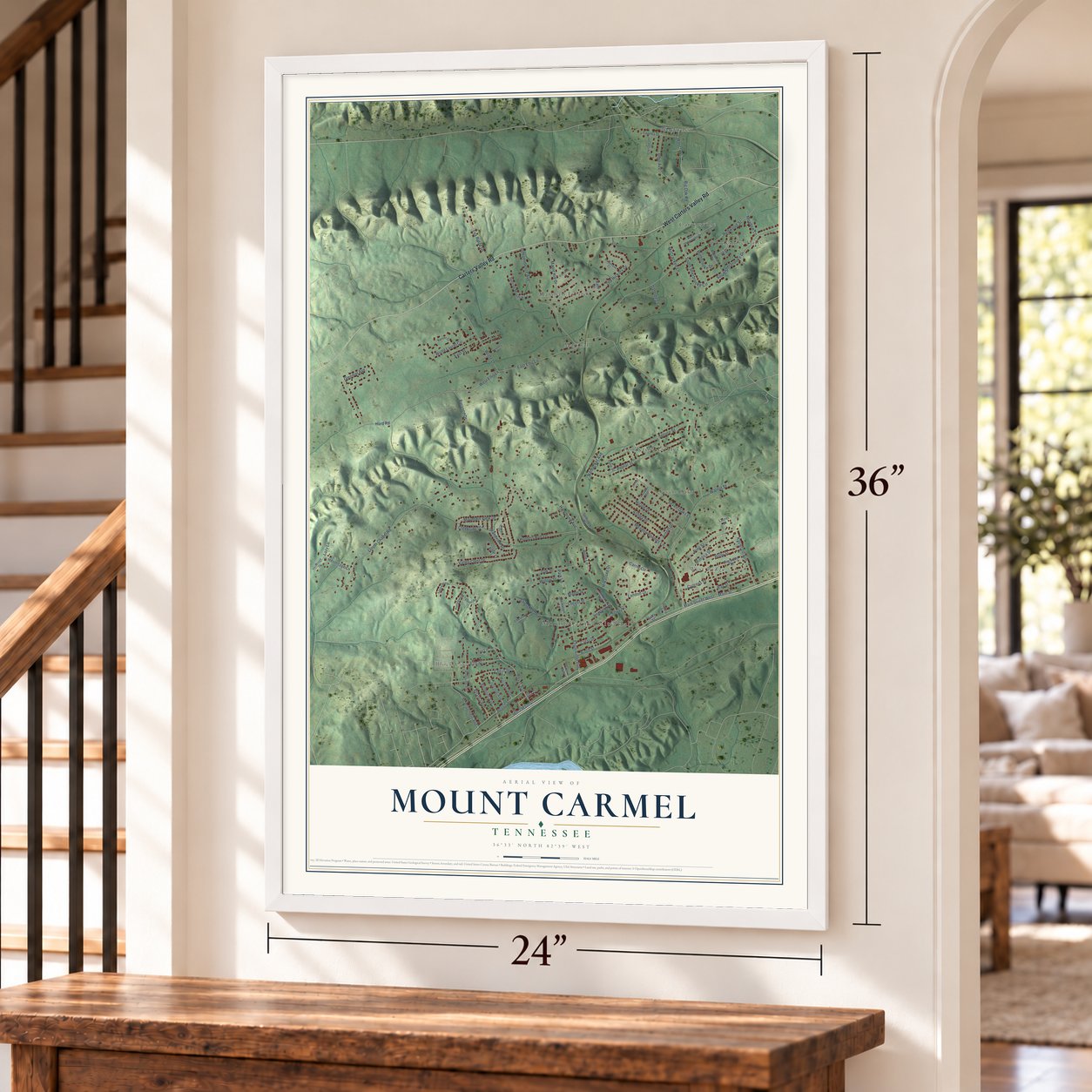 Mount Carmel, Tennessee map, 24 x 36 inch print in a white frame by a staircase