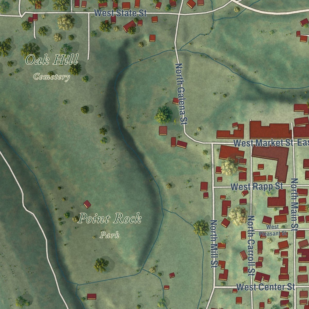 Second close-up of the map of Mount Carroll, Illinois print showing more streets and buildings