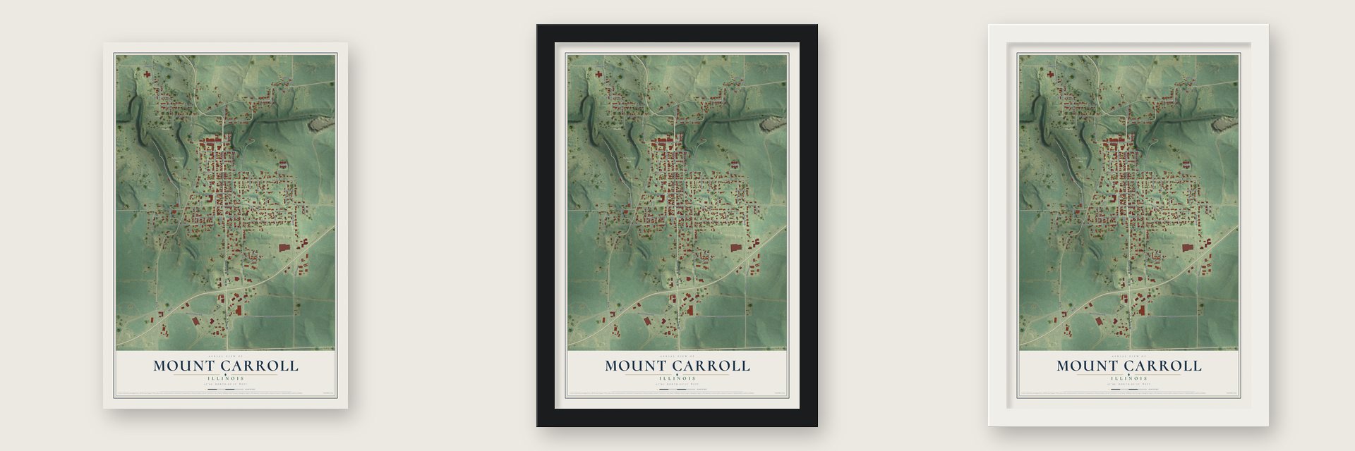 Mount Carroll, Illinois map unframed, in a black wood frame and in a white wood frame