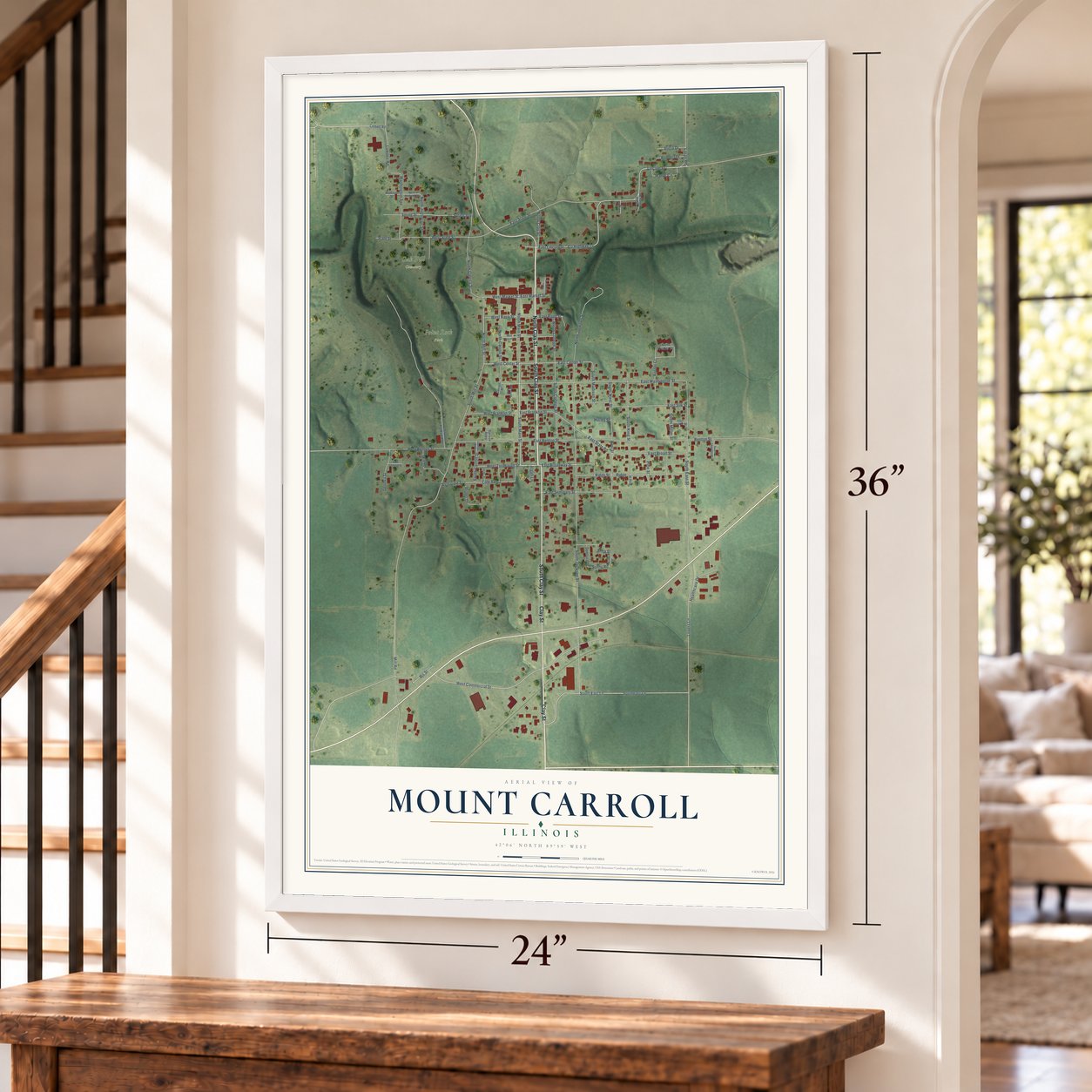 Mount Carroll, Illinois map, 24 x 36 inch print in a white frame by a staircase