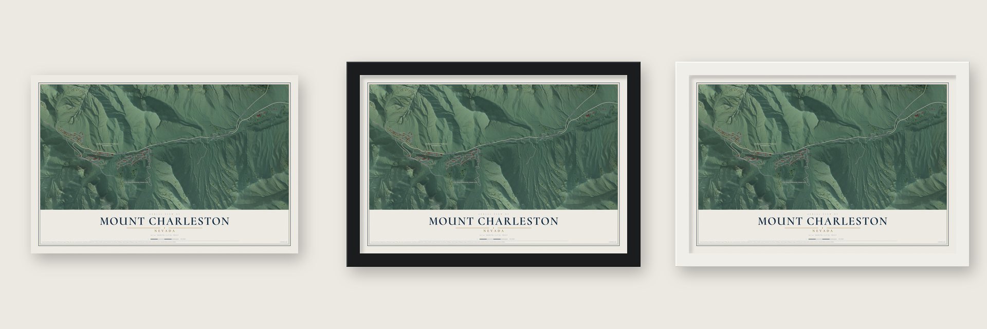 Mount Charleston, Nevada map unframed, in a black wood frame and in a white wood frame