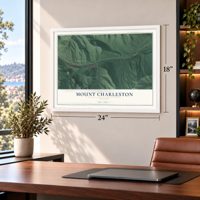 Mount Charleston, Nevada map, 18 x 24 inch print in a white frame in a home office