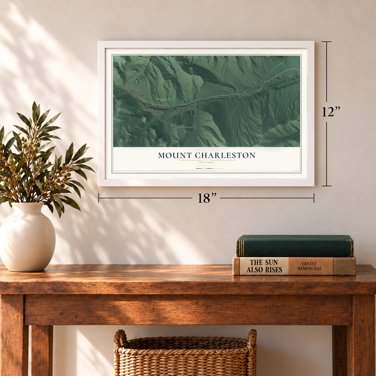 Mount Charleston, Nevada map, 12 x 18 inch print in a white frame in an entryway