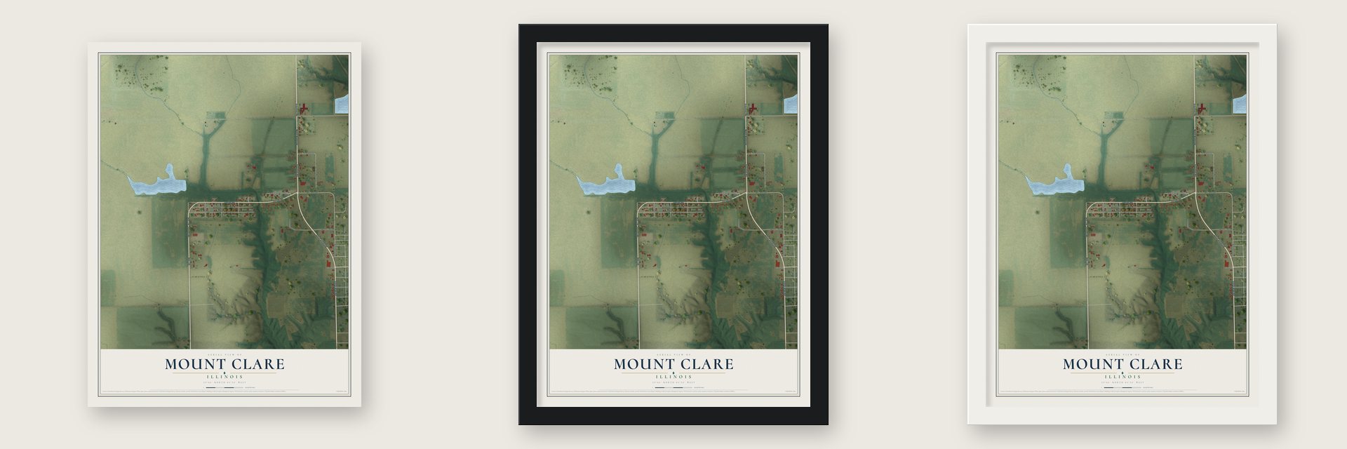 Mount Clare, Illinois map unframed, in a black wood frame and in a white wood frame