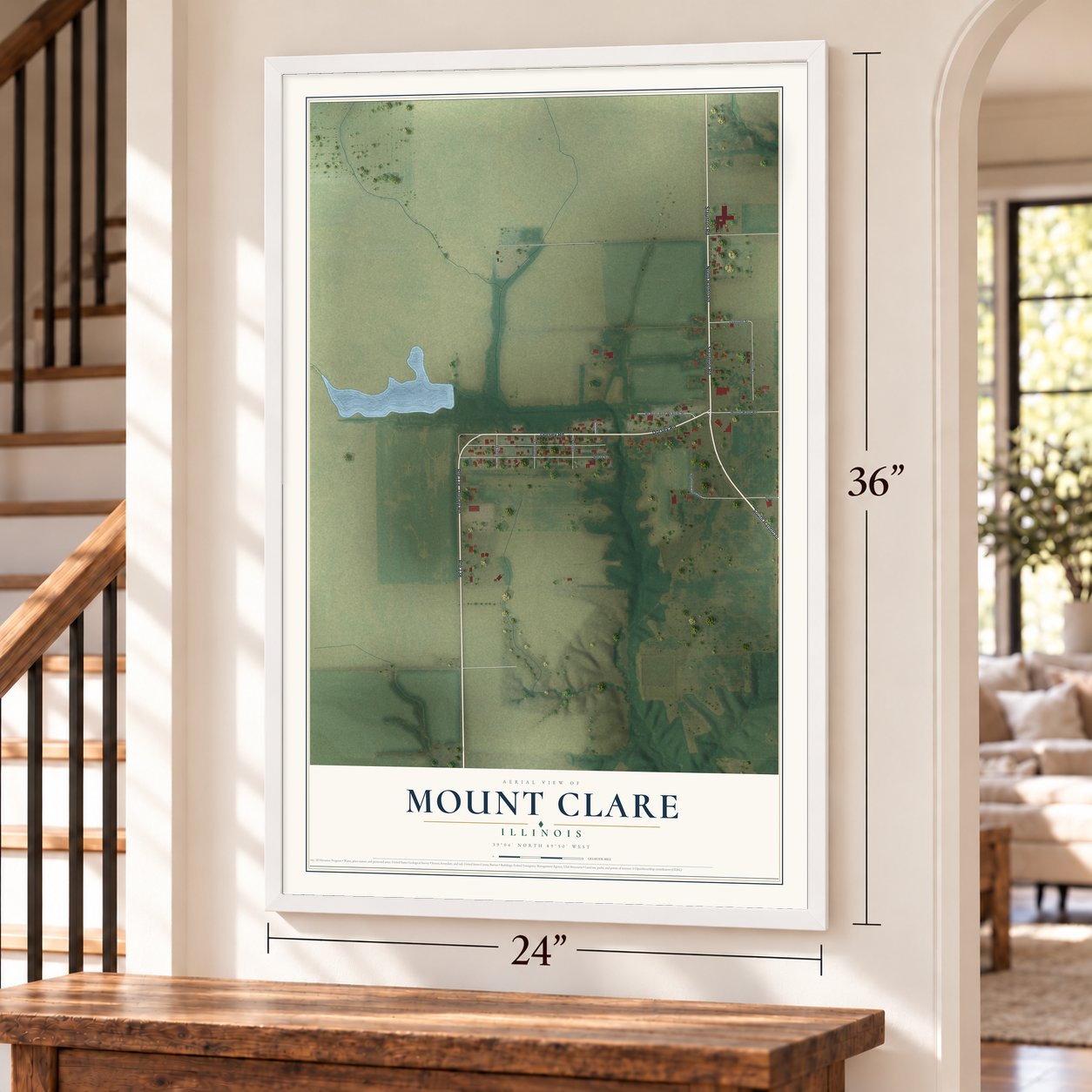 Mount Clare, Illinois map, 24 x 36 inch print in a white frame by a staircase