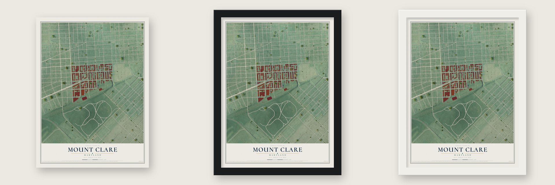 Mount Clare, Maryland map unframed, in a black wood frame and in a white wood frame