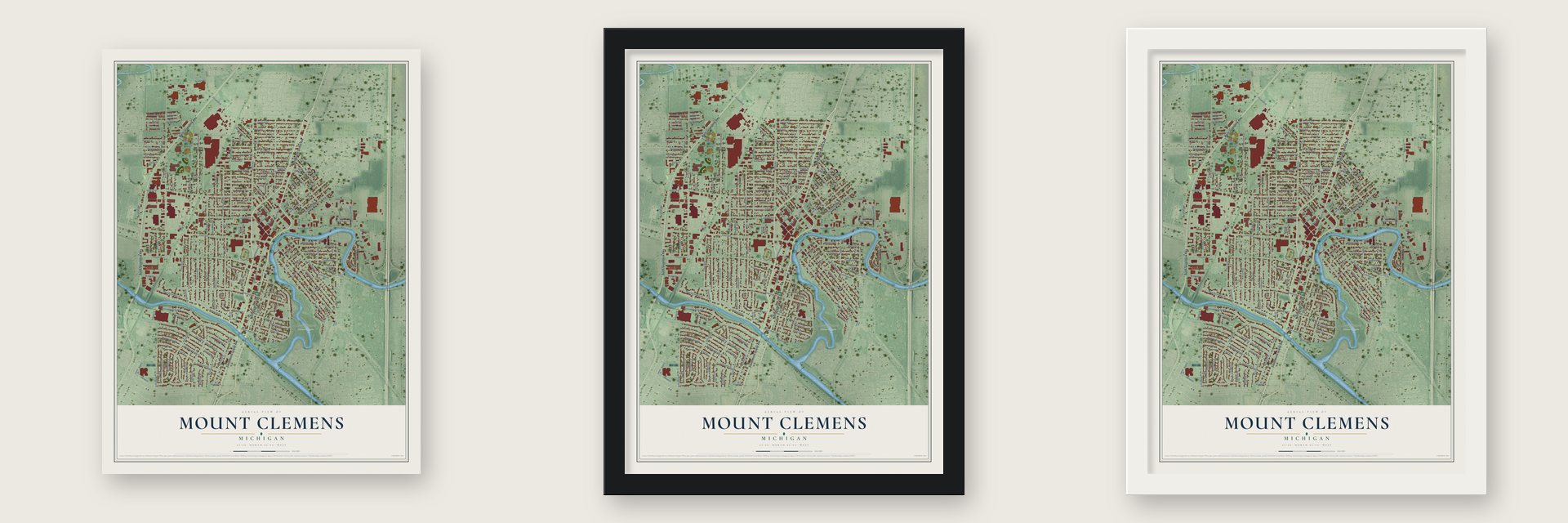 Mount Clemens, Michigan map unframed, in a black wood frame and in a white wood frame