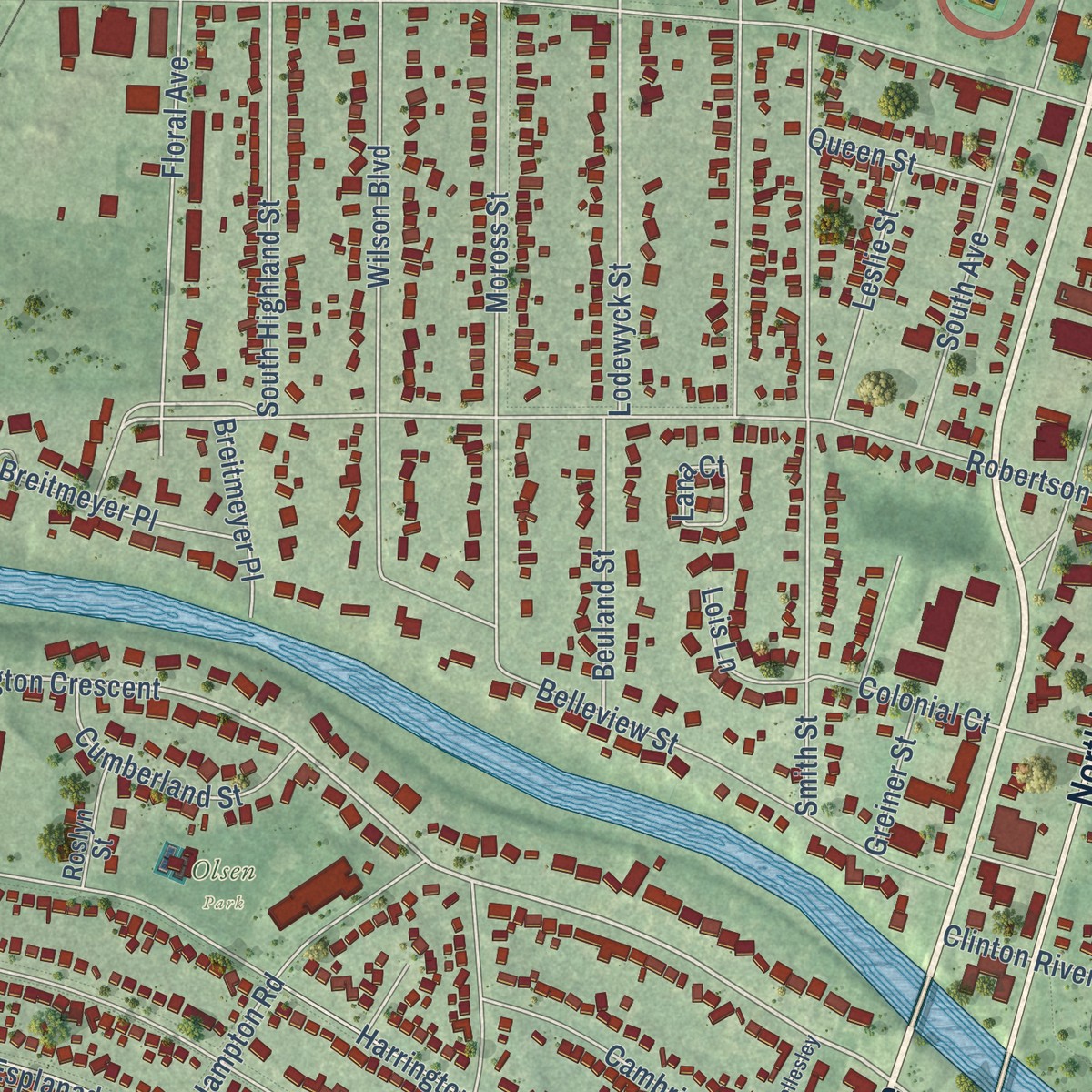 Second close-up of the map of Mount Clemens, Michigan print showing more streets and buildings