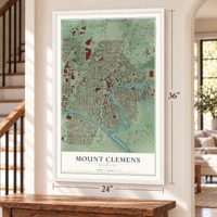 Mount Clemens, Michigan map, 24 x 36 inch print in a white frame by a staircase