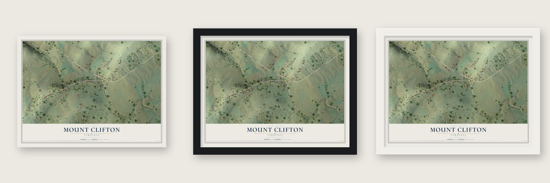Mount Clifton, Virginia map unframed, in a black wood frame and in a white wood frame