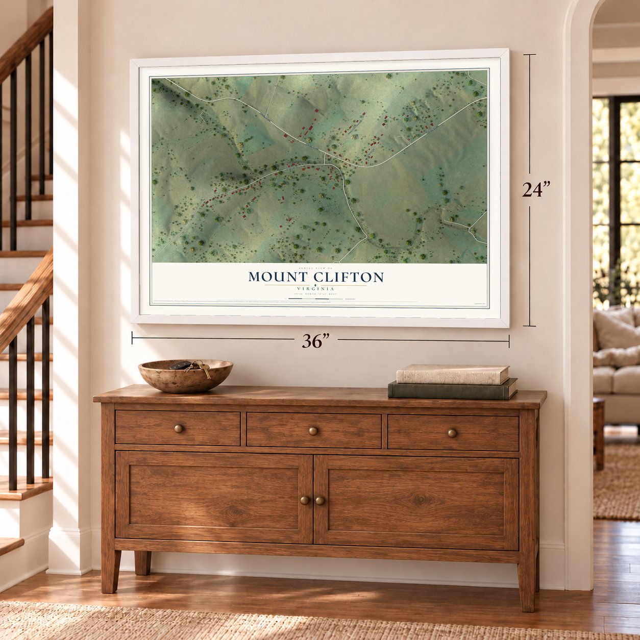 Mount Clifton, Virginia map, 24 x 36 inch print in a white frame above a dresser by a staircase